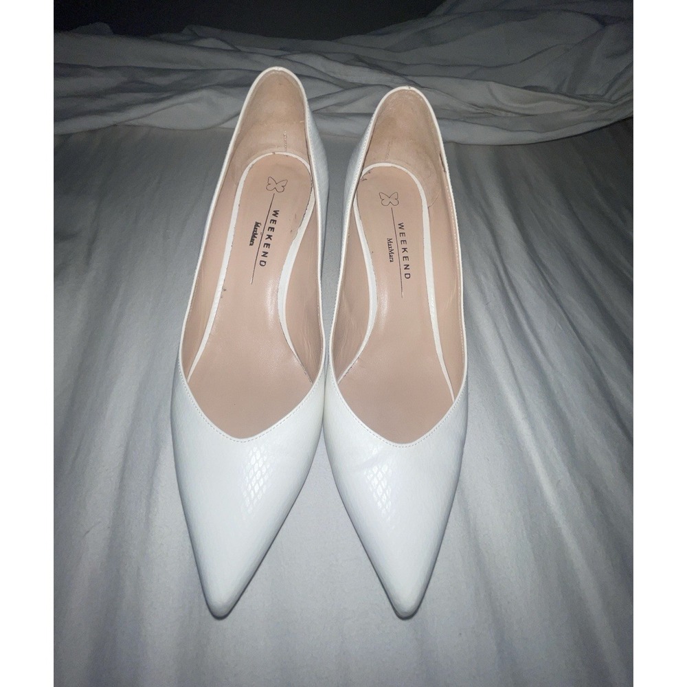 Weekend Max Mara White Leather Pointed Toe Kitten Heel Pumps Made in Italy 38